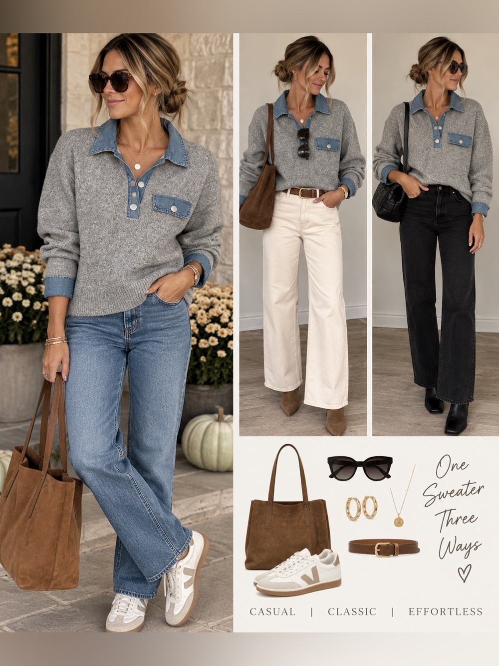 NVLT Women’s Gray V-Neck Sweater with Blue Denim Collar and Trim